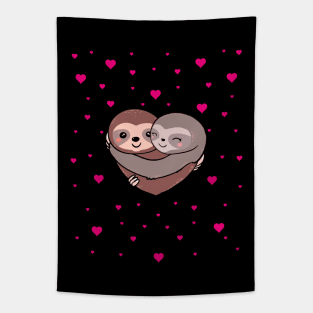 Sloths hugs, lovers couple cute, red heart Tapestry