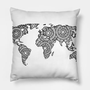 Black and White Mandala World Map Pillow