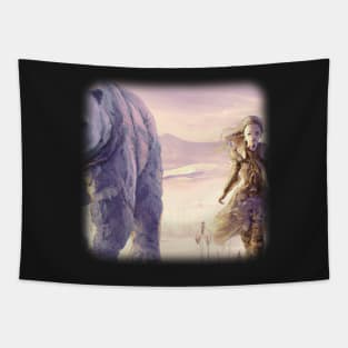 Girl in a snowy area next to a polar bear Tapestry