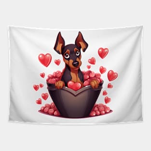 Cartoon Doberman Pinscher Dog in Hearts Basket Tapestry