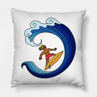 Surfer on blue wave sea ocean. Summer outdoor sport activity concept. Pillow