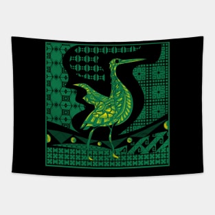 egret bird in talavera nest in mexican pattern art ecopop in dark green Tapestry