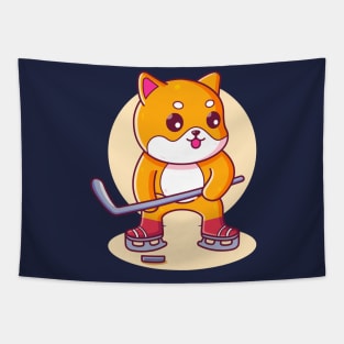 Cute Shiba Inu Playing Hockey Tapestry