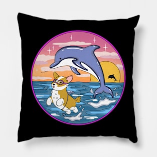 Cute Corgi Swimming With Dolphins Pillow