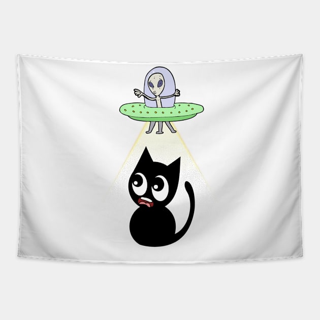 Funny black cat is being abducted by aliens Tapestry by Pet Station