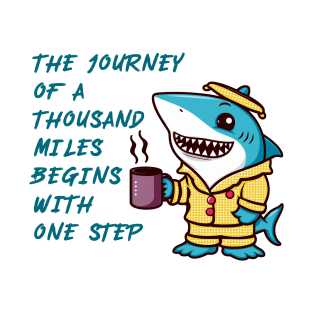 Begin Your Adventure - Motivational Quote Shark with Coffee T-Shirt