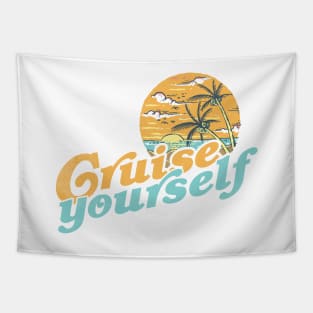 Cruise Yourself, funny 60s retro sunset palms at the beach Tapestry