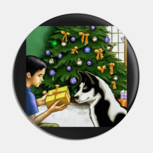 A Boy and His Dog Opening Christmas Present Pin