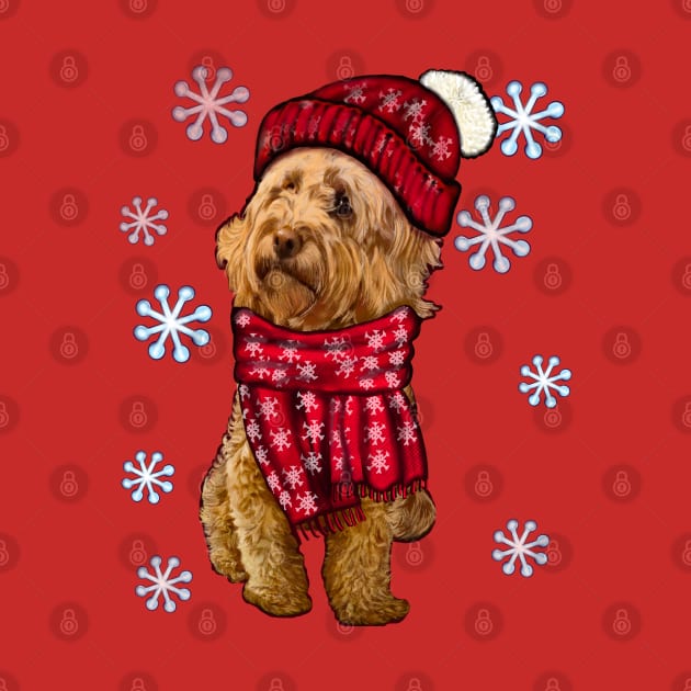 Cavapoo Cavoodle in festive red winter hat and scarf with snowflakes - cute cavalier king charles spaniel snug in a snowflake themed scarf by Artonmytee