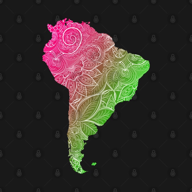 Colorful mandala art map of South America with text in pink and green by Happy Citizen