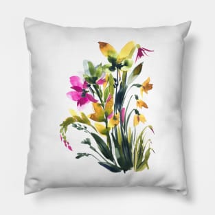 Yellow Spring Flowers Bouquet, watercolor Pillow