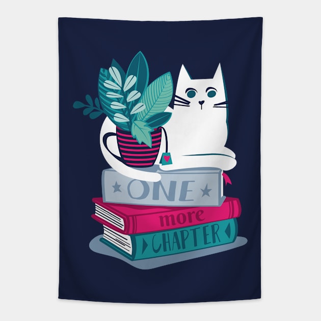 One more chapter // spot // navy background white cat striped mug with plants pink teal and blue books with quote Tapestry by SelmaCardoso