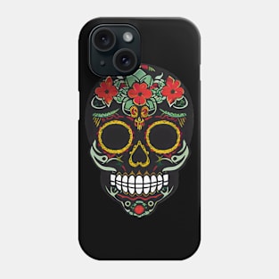 Sugar Skull Art - Black Skull Adorned with Bold Red Flowers Phone Case