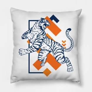 Retro 80s Orange and Navy Tiger on the Attack // Vintage Geometric Shapes Background Pillow