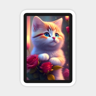 Illustration of adorable cat with roses - Modern digital art Magnet