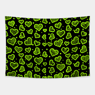 Bright Green Artistic Sketchy Hearts Seamless Pattern on Black Background Tapestry