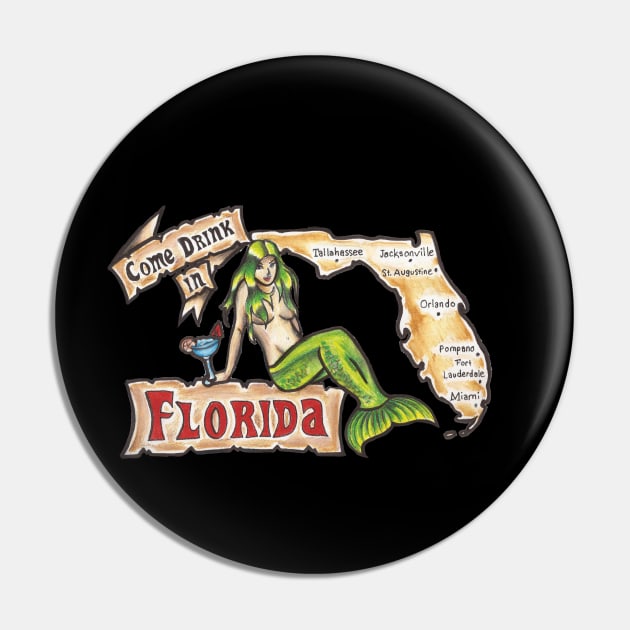 Mermaid Florida Postcard: Come Drink in Florida Pin by JohnKing