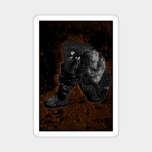 Girl sitting on the floor, near the wall, clasping hands around knees. Weird, dark, beautiful. Magnet