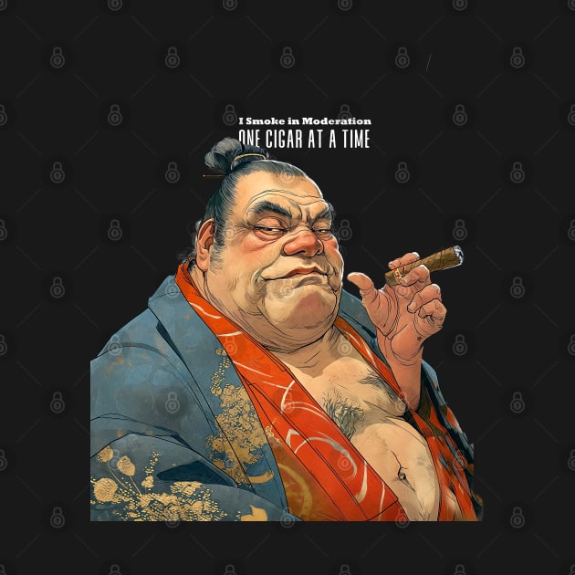 Puff Sumo Smoking a Cigar: "I Smoke Cigars in Moderation; One Cigar at a Time"  on a dark (Knocked Out) background by Puff Sumo