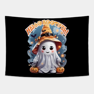 Halloween Hello Bootiful! Cute Friendly Ghost Wearing Witch Hat, Pumpkin, Bats Tapestry