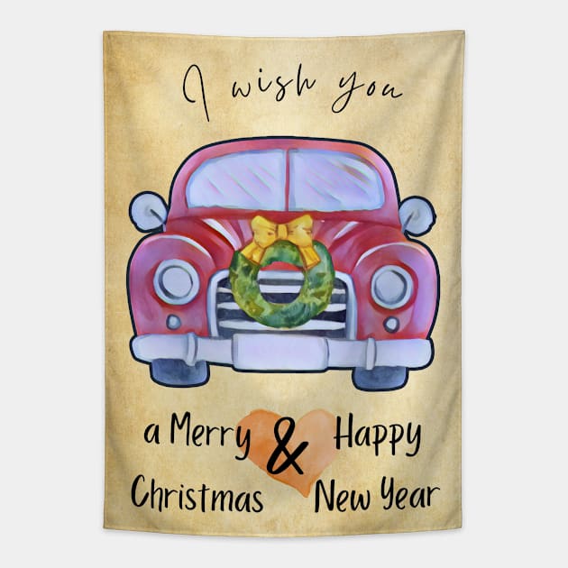 Christmas Car - wish greeting card Tapestry by O.M design