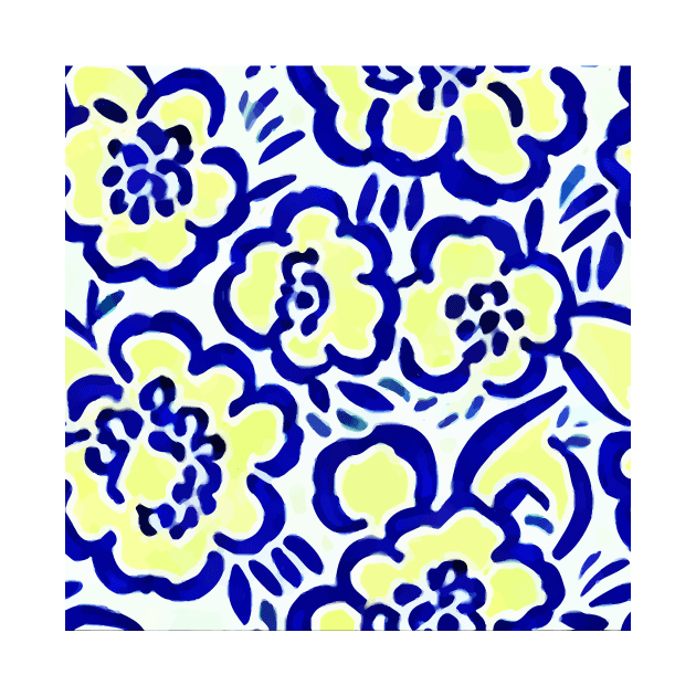 Blue and yellow retro florals by SophieClimaArt
