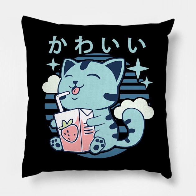 Kawaii Aesthetics Japanese Strawberry Milk Shake かわいい Cat - Blue - Strawberry Milk Pillow by DuskySavage