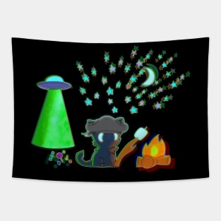 Pirate Kitty Cat Camping Alien UFO Candy Stary Moonlight Sky Halloween Trick Or Treat Graphic Illustration Novelty Tapestry