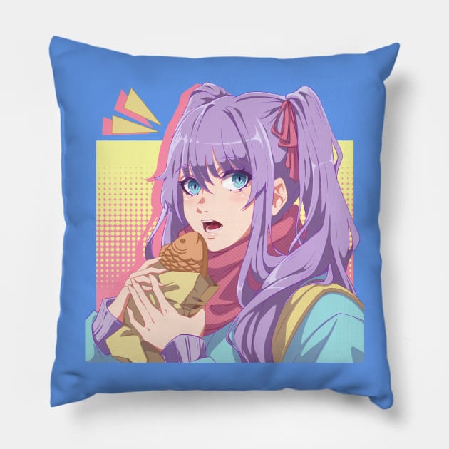 Kawaii girls eat taiyaki (pastel colors) Pillow by AnGo