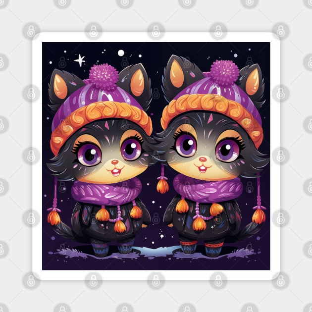 Christmas Illustration - Cute and Funny Kittens in Winter Hats and Scarves, a Playful Design Perfect for the Holiday Season. Magnet by Art KateDav