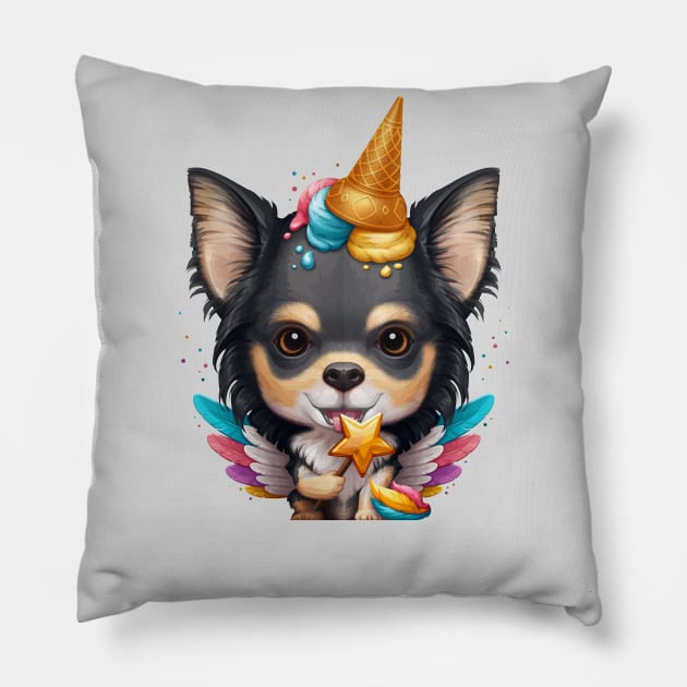 Tricolor Long Coat Chihuahua Ice Cream Unicorn Pillow by stonemask