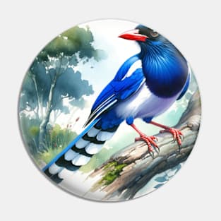 Colorful Red-Billed Blue Magpie - Watercolor Bird Pin