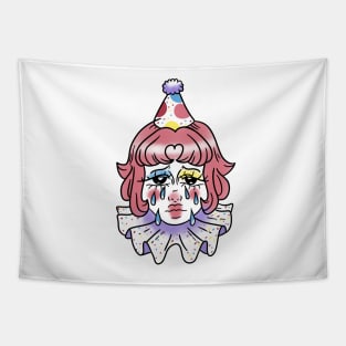 crying girl clown with pink hair Tapestry