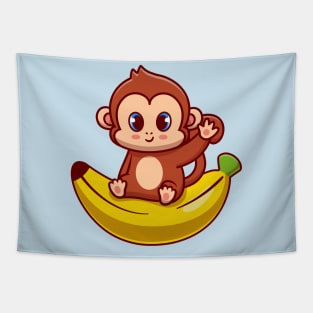 Cute Monkey Sitting On Banana Cartoon Tapestry