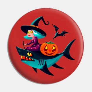 Wicked Witch's Shark Ride: A Spooky Halloween Adventure Pin