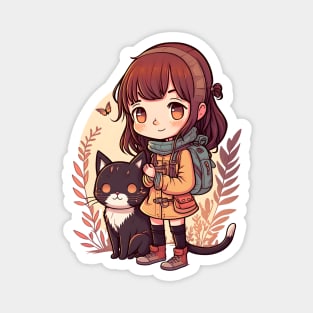 Cute Girl & Cat Kawaii Anime Black Cat Lovers Magnet