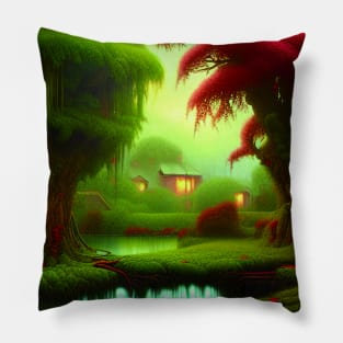 Magical Cottage tree house In a Greenary Landscape, Beautiful Nature Pillow