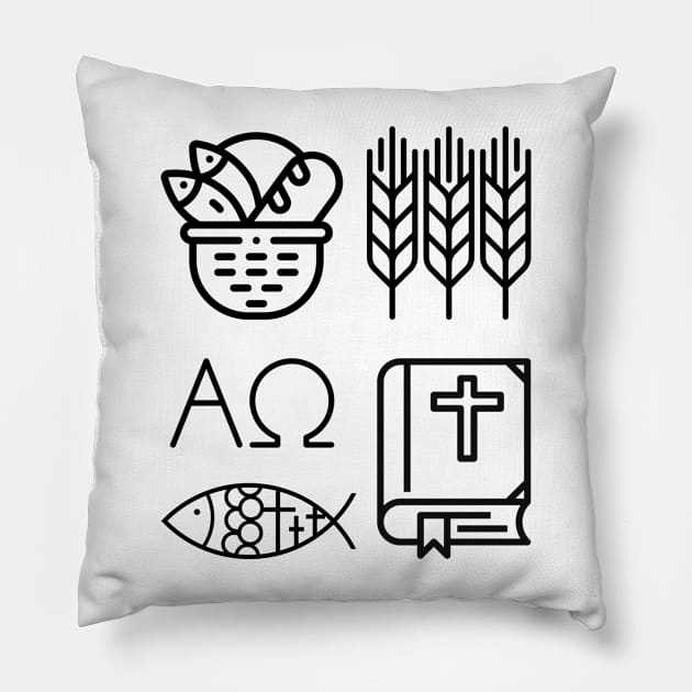 Black and White Christian Symbols Alpha, Omega, Wheat, Harvest, Bible, Fish, Bread Pillow by Mission Bear