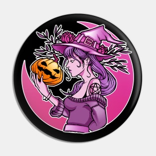 Cute Halloween Witch With Pumpkin and the Moon Pin