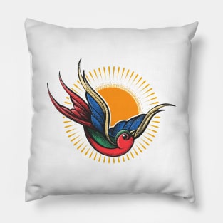 Swallow Bird Tattoo in Engraving Style. Pillow