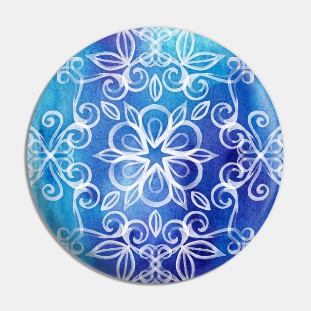 White Floral Painted Pattern on Blue Watercolor Pin by micklyn