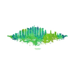 Philadelphia City Skyline - Watercolor Green, blue T-Shirt