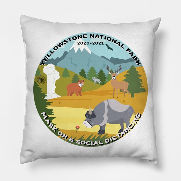 Yellowstone National Park Wildlife, Mask On and Social Distance, illustration, round Pillow by Smyrna Buffalo