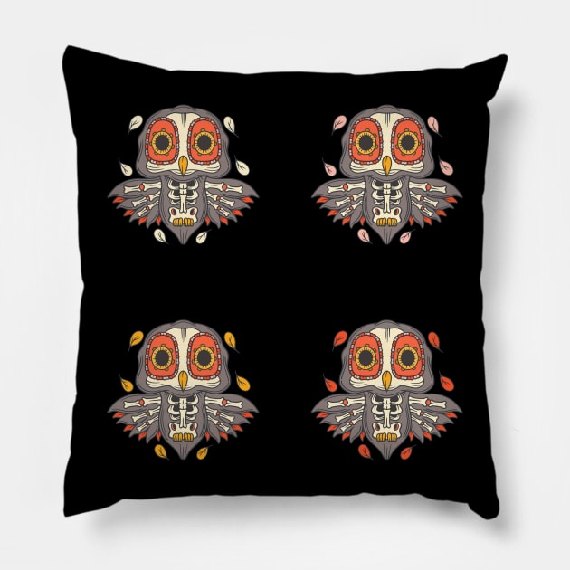 Colorful Grey Red Beige Yellow Orange Owl Day of the Dead Skeleton Pillow by Scriptnbones