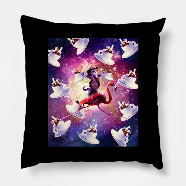 Cowboy Space Cat On Flamingo Unicorn - Coffee Pillow by Random Galaxy