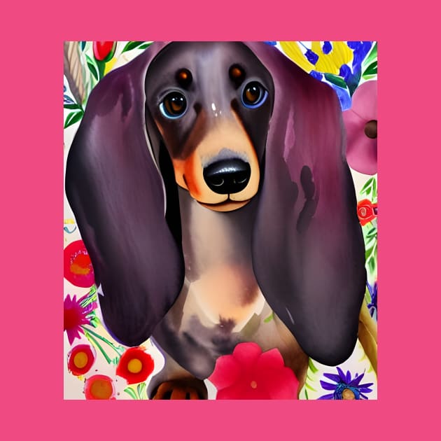 Dachshund Dog Puppy Whimsical Portrait Hiding in Wildflowers Secret Garden Digital Art Watercolor Painting by joannejgg