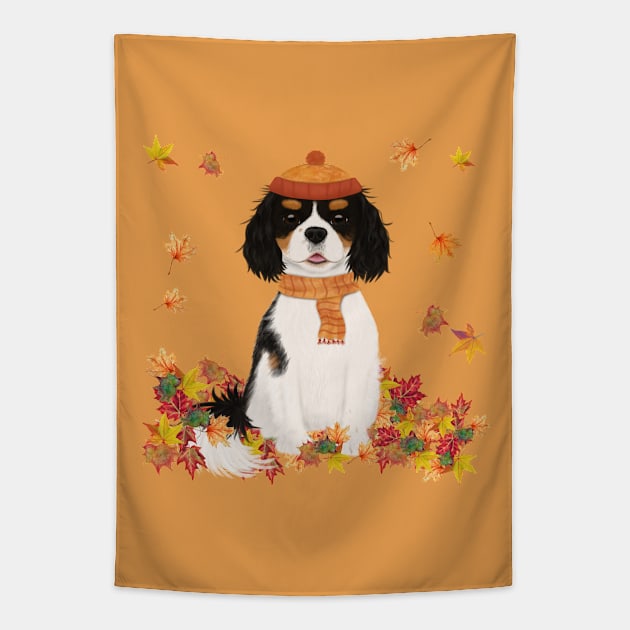 Tri Cavalier in Fall Leave, Tri Colored Cavalier King Charles Spaniel Tapestry by Cavalier Gifts