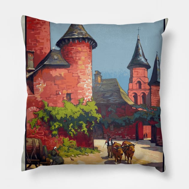 Collonges, Correze Region of France  - Vintage French Railway Auto Route Travel Poster Pillow by Naves