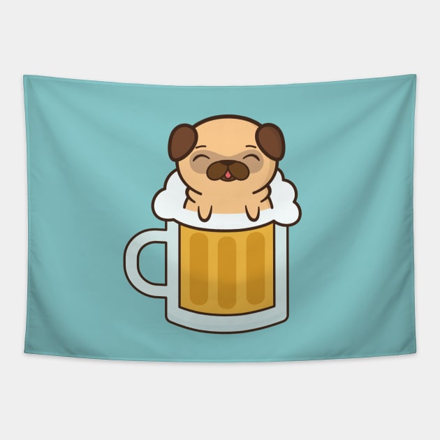 Cute and Kawaii Adorable Pug With Beer Tapestry by happinessinatee