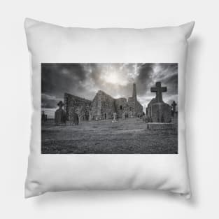 Clonmacnoise monastery ruins on the Shannon in Ireland Pillow